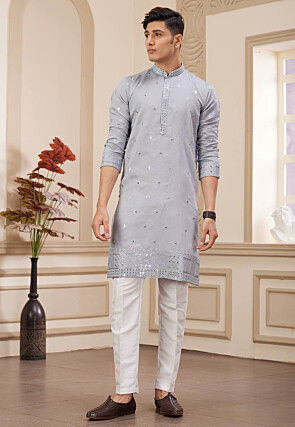 Embroidered Art Silk Kurta Set in Grey