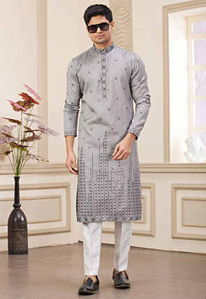 Embroidered Art Silk Kurta Set in Grey