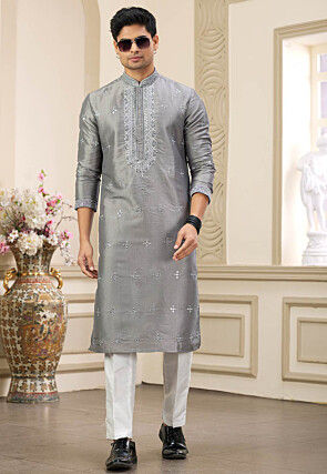 Embroidered Art Silk Kurta Set in Grey