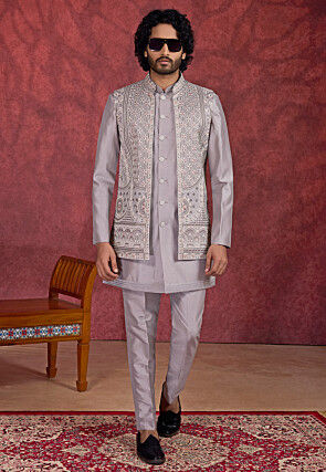 Embroidered Art Silk Kurta Set in Grey