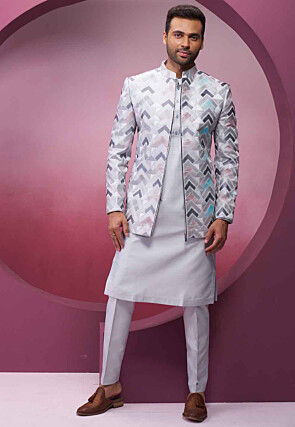 Embroidered Art Silk Kurta Set in Grey