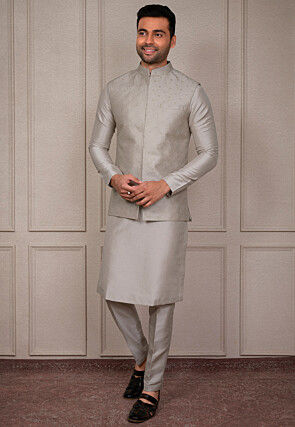 Embroidered Art Silk Kurta Set in Grey