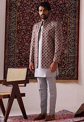 Embroidered Art Silk Kurta Set in Grey