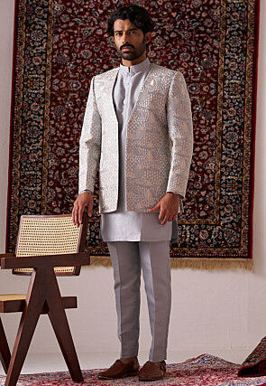 Embroidered Art Silk Kurta Set in Grey