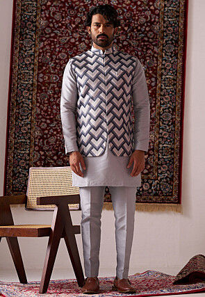 Embroidered Art Silk Kurta Set in Grey