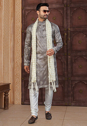 Embroidered Art Silk Kurta Set in Grey