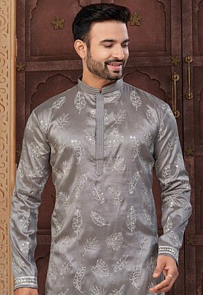 Embroidered Art Silk Kurta Set in Grey