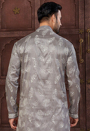 Embroidered Art Silk Kurta Set in Grey