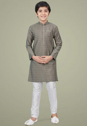 Embroidered Art Silk Kurta Set in Grey