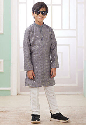 Embroidered Art Silk Kurta Set in Grey