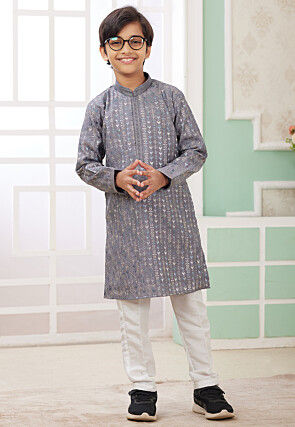 Embroidered Art Silk Kurta Set in Grey