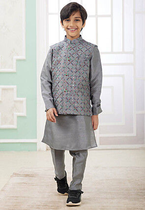 Embroidered Art Silk Kurta Set in Grey