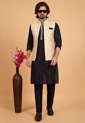 Embroidered Art Silk Kurta Set in Light Beige and Black
