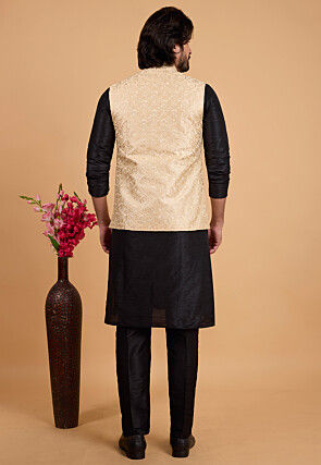 Embroidered Art Silk Kurta Set in Light Beige and Black