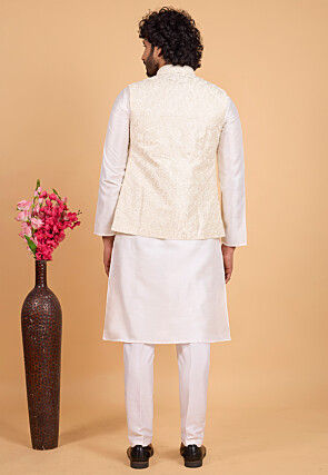 Embroidered Art Silk Kurta Set in Light Beige and White