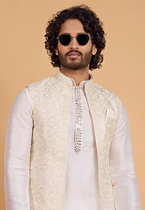 Embroidered Art Silk Kurta Set in Light Beige and White