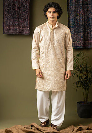 Embroidered Art Silk Kurta Set in Light Beige