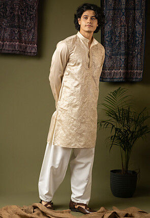 Embroidered Art Silk Kurta Set in Light Beige