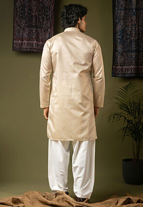 Embroidered Art Silk Kurta Set in Light Beige