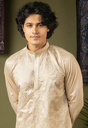 Embroidered Art Silk Kurta Set in Light Beige