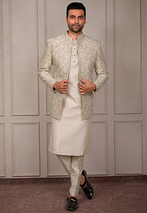 Embroidered Art Silk Kurta Set in Light Beige