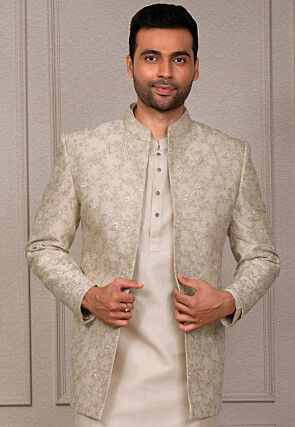Embroidered Art Silk Kurta Set in Light Beige