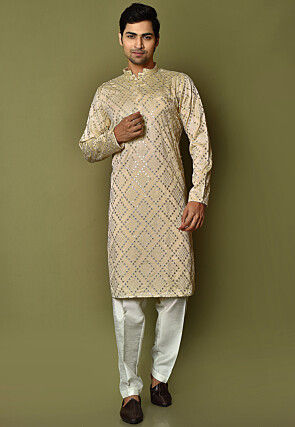 Embroidered Art Silk Kurta Set in Light Beige