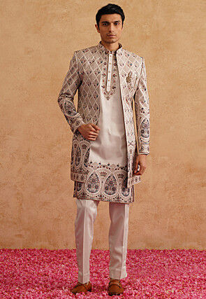Embroidered Art Silk Kurta Set in Light Beige