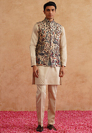 Embroidered Art Silk Kurta Set in Light Beige