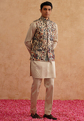 Embroidered Art Silk Kurta Set in Light Beige
