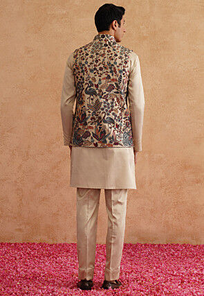 Embroidered Art Silk Kurta Set in Light Beige