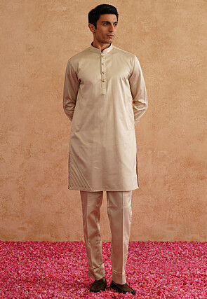 Embroidered Art Silk Kurta Set in Light Beige