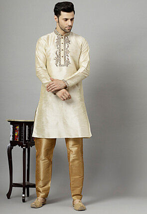 Embroidered Art Silk Kurta Set in Light Beige