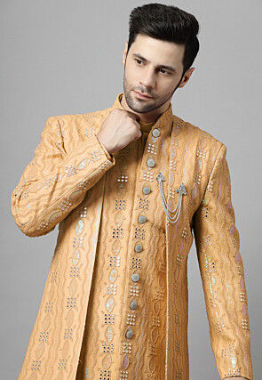 Embroidered Georgette Sherwani in Light Beige
