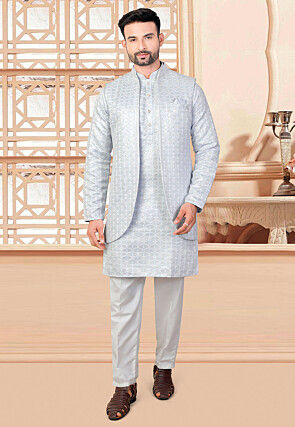 Embroidered Art Silk Kurta Set in Light Blue
