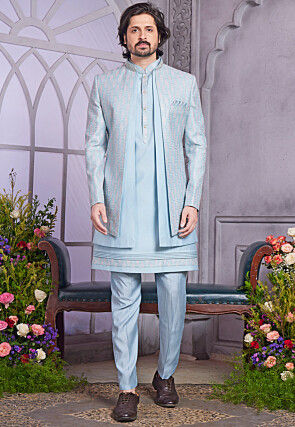 Embroidered Art Silk Kurta Set in Light Blue