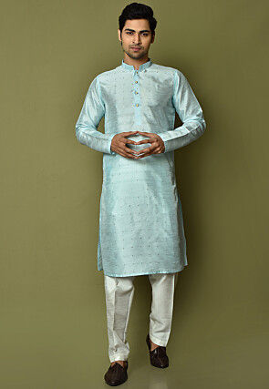 Embroidered Art Silk Kurta Set in Light Blue