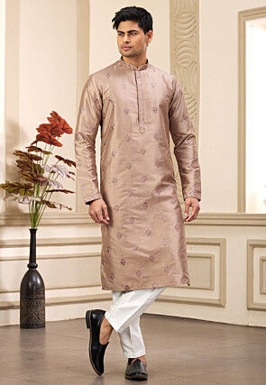 Embroidered Art Silk Kurta Set in Light Brown