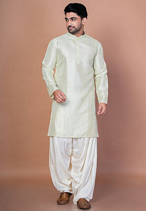 Embroidered Art Silk Kurta Set in Light Green