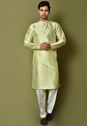 Embroidered Art Silk Kurta Set in Light Green