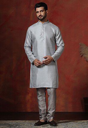Embroidered Art Silk Kurta Set in Light Grey