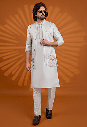 Embroidered Art Silk Kurta Set in Light Grey
