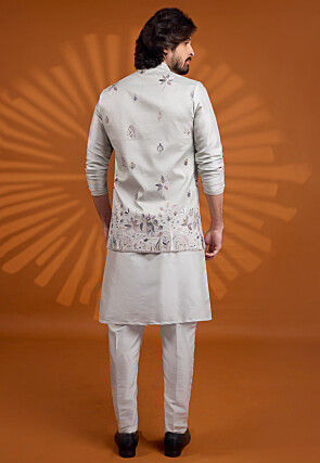 Embroidered Art Silk Kurta Set in Light Grey