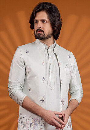 Embroidered Art Silk Kurta Set in Light Grey