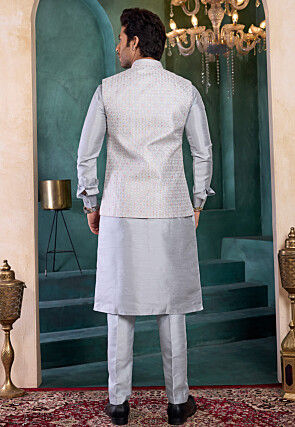 Embroidered Art Silk Kurta Set in Light Grey