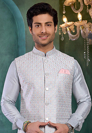 Embroidered Art Silk Kurta Set in Light Grey