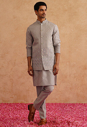 Embroidered Art Silk Kurta Set in Light Grey