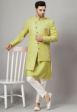 Embroidered Georgette Sherwani in Light Olive Green