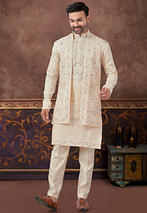 Embroidered Art Silk Kurta Set in Light Peach
