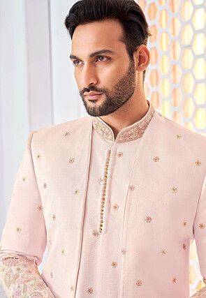 Embroidered Art Silk Kurta Set in Light Pink